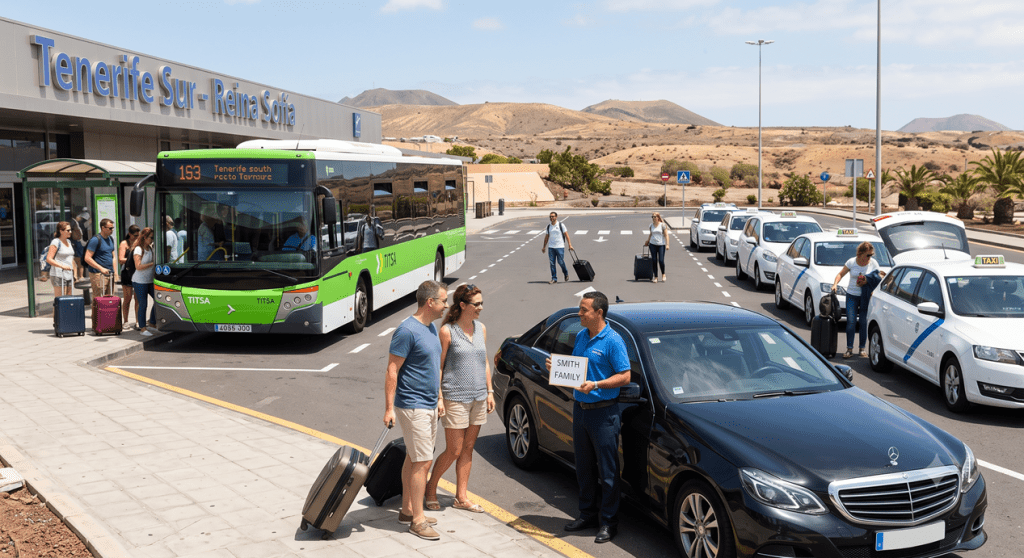 An illustrative photo of the arrival terminal at Tenerife Sur - Reina Sofía airport, showing a couple meeting a private transfer driver with a "Smith Family" sign, a green TITSA public bus loading passengers, and a queue of white taxis, showcasing the transfer options.