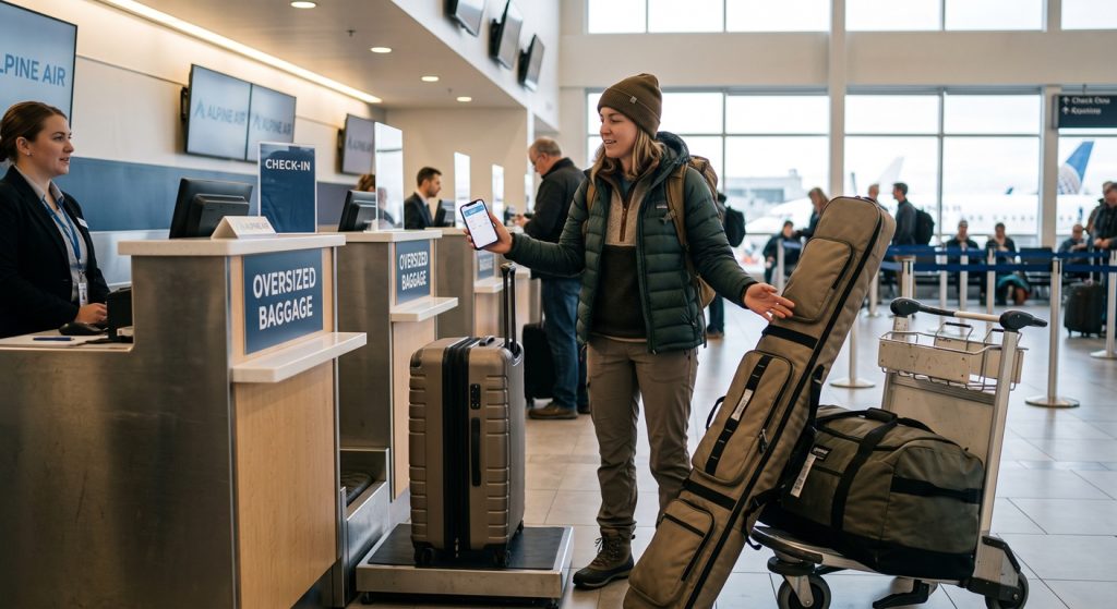 A woman in winter travel gear presents her smartphone, likely a digital boarding pass, to an airline agent at an "Oversized Baggage" check-in counter. She is wearing a green puffer jacket, a beanie, and hiking-style pants and boots. A hard-shell suitcase sits on a scale beside her, and a large, padded bag (suitable for skis or a snowboard) rests on a luggage cart next to a large duffel bag. Signage for "Alpine Air" and "CHECK-IN" is visible in the background, which also features large windows looking out onto a tarmack with airplanes. Other travelers are visible in the background.